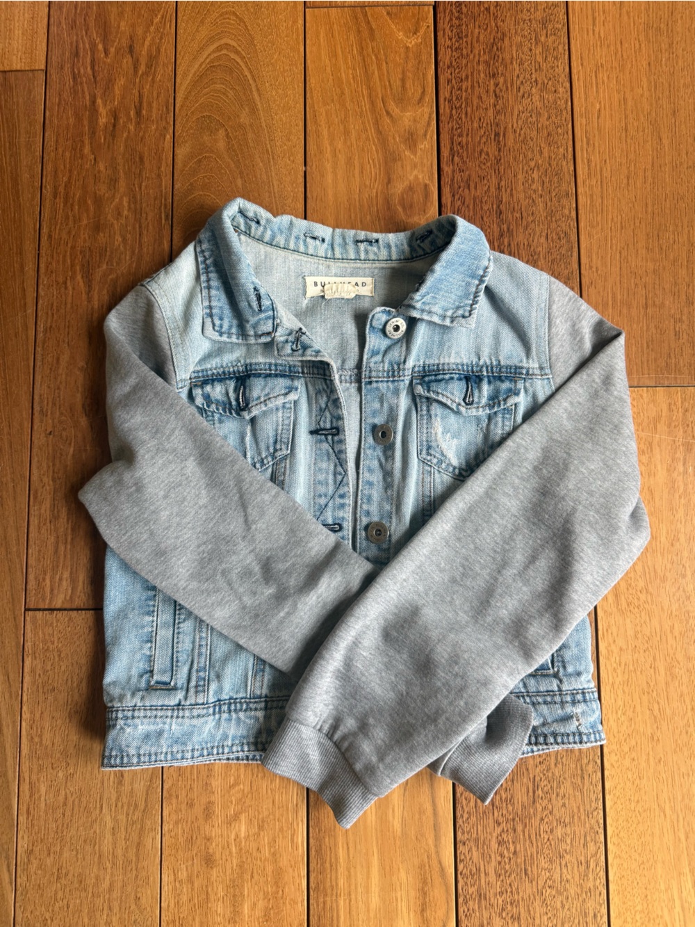 Bullhead Light Wash Denim Jacket with Gray Knit Sleeves